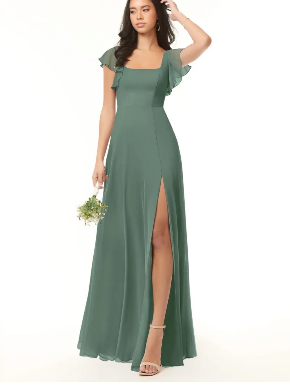 Azazie Sage Green Square-Neck Maxi Dress with Flutter Sleeves
